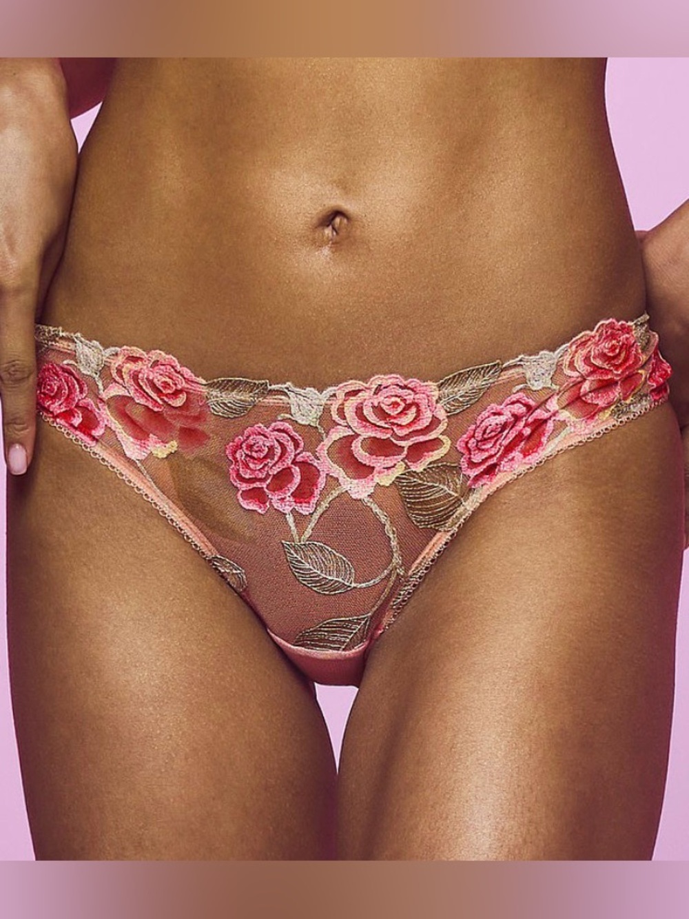 Victoria's Secret Pink Floral Shimmery Embroidered Sheer Brazilian Panty Sz XS